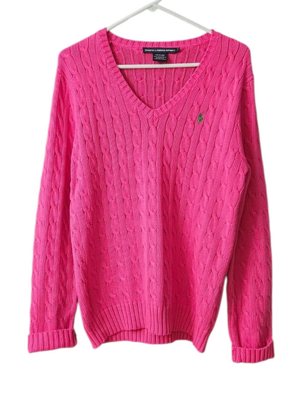 Ralph Lauren Sport Cable Knit V-Neck Sweater Women's XL Bright Pink Cotton